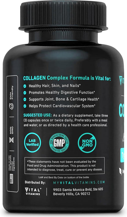 Back label of the Vital Vitamins Multi Collagen Complex bottle listing benefit callouts, suggested use and Lab Verified, GMP and Non-GMO seals