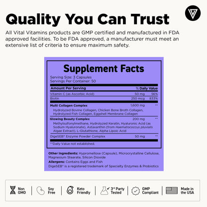 Quality You Can Trust infographic with the purple Supplement Facts panel for Multi-Collagen Complex Plus listing the collagen blend, Glowing Beauty Complex and DigeSEB enzymes, plus quality badges