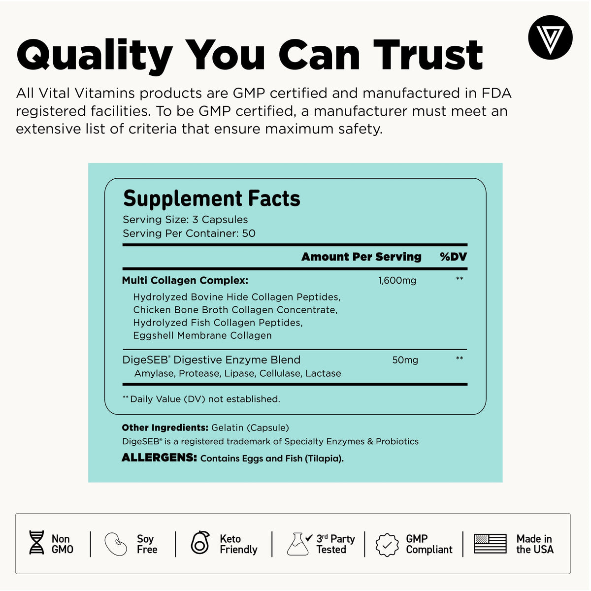 Graphic showing the Multi Collagen Complex Supplement Facts panel listing a 1,600 mg collagen complex and a DigeSEB enzyme blend, with certification icons