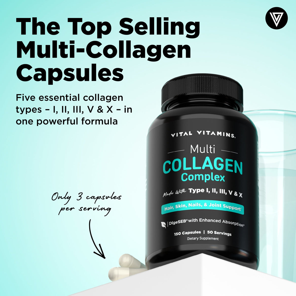 Black Multi Collagen Complex bottle beside a glass of water and off-white capsules on mint, text reading the top selling multi-collagen capsules