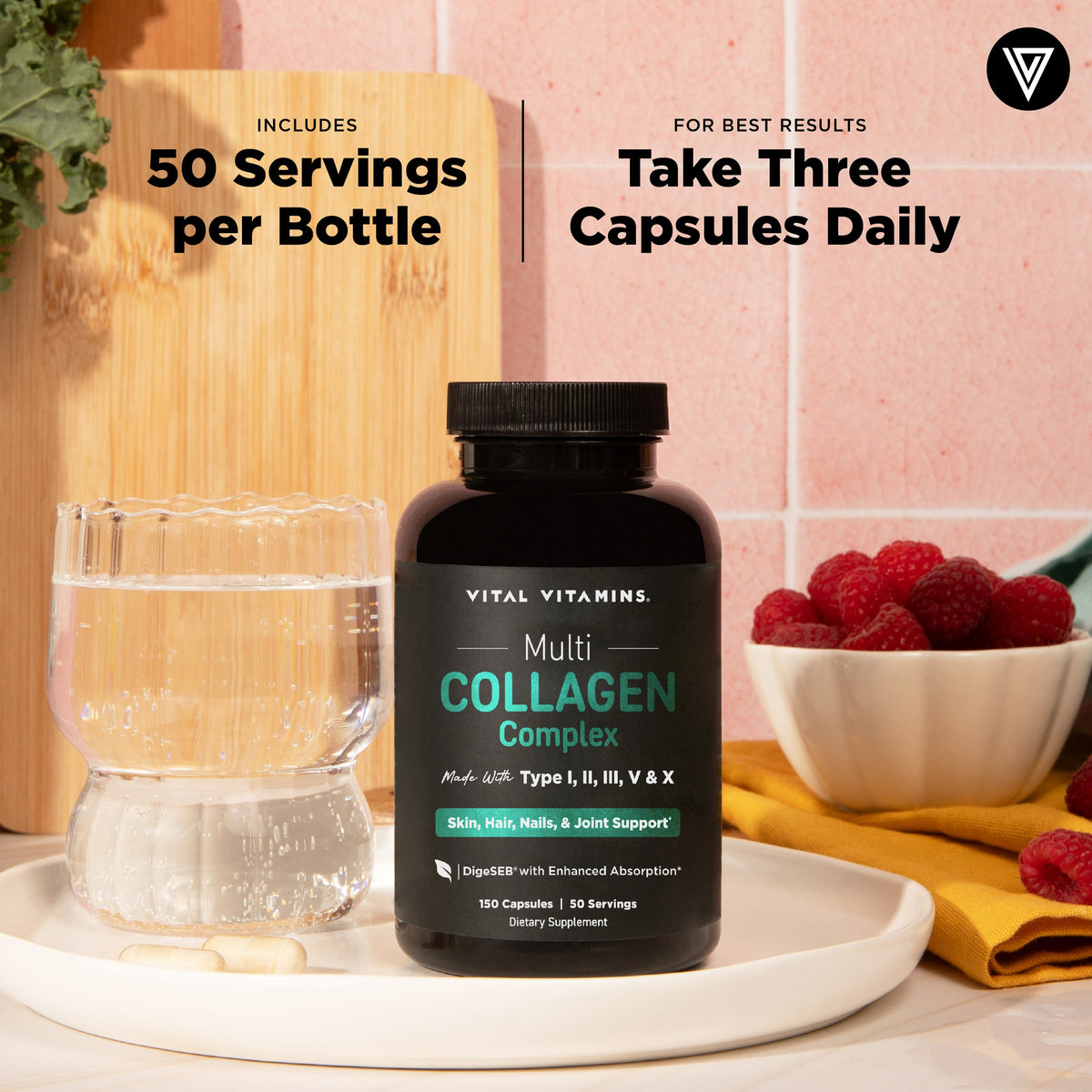 Black Multi Collagen Complex bottle on a white plate with capsules, raspberries and water in a pink kitchen, text reading 50 servings per bottle