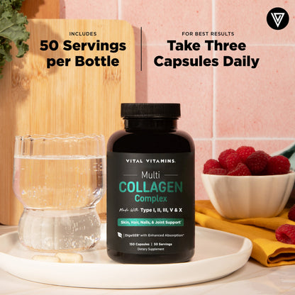 Black Multi Collagen Complex bottle on a white plate with capsules, raspberries and water in a pink kitchen, text reading 50 servings per bottle