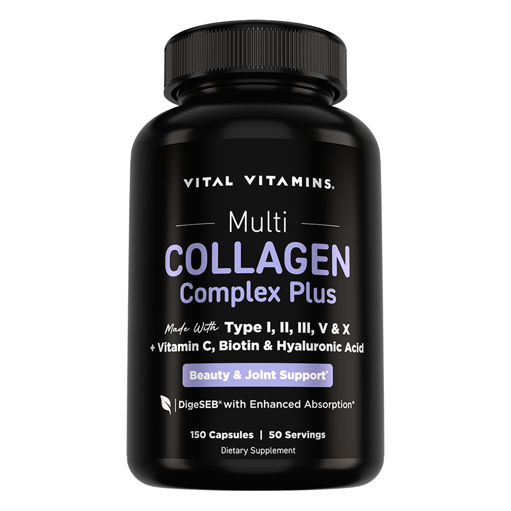 Vital Vitamins Multi Collagen Complex Plus bottle, black label with collagen Types I, II, III, V and X plus Vitamin C, Biotin and Hyaluronic Acid