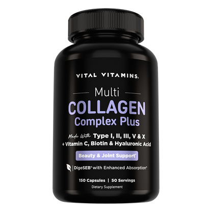 Vital Vitamins Multi Collagen Complex Plus bottle, black label with collagen Types I, II, III, V and X plus Vitamin C, Biotin and Hyaluronic Acid