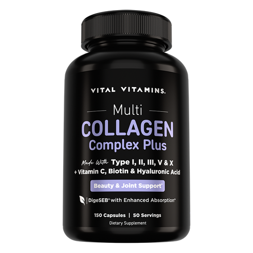 Vital Vitamins Multi Collagen Complex Plus bottle, black label with collagen Types I, II, III, V and X plus Vitamin C, Biotin and Hyaluronic Acid