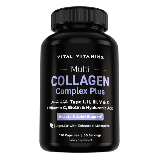Vital Vitamins Multi Collagen Complex Plus bottle, black label with collagen Types I, II, III, V and X plus Vitamin C, Biotin and Hyaluronic Acid
