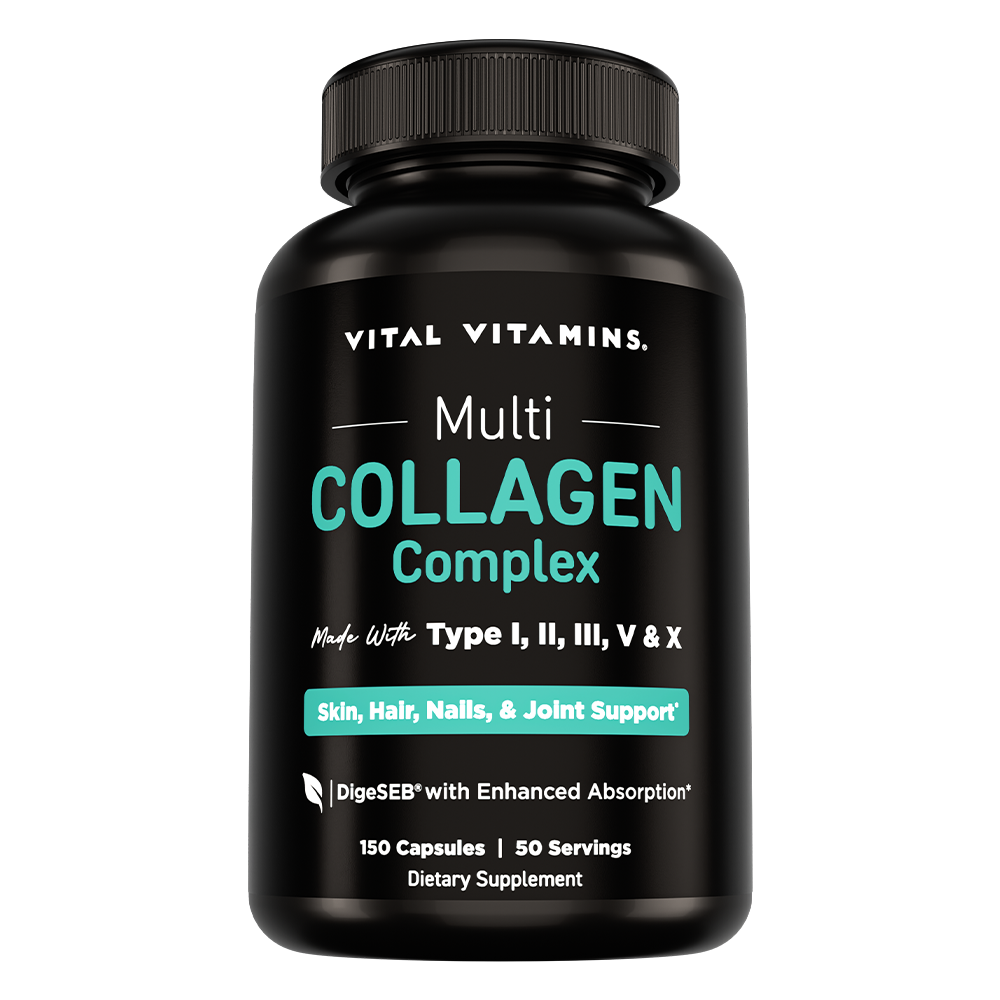 Vital Vitamins Multi Collagen Complex bottle, 150 capsules, black label with teal text, made with collagen Types I, II, III, V and X and DigeSEB enzymes