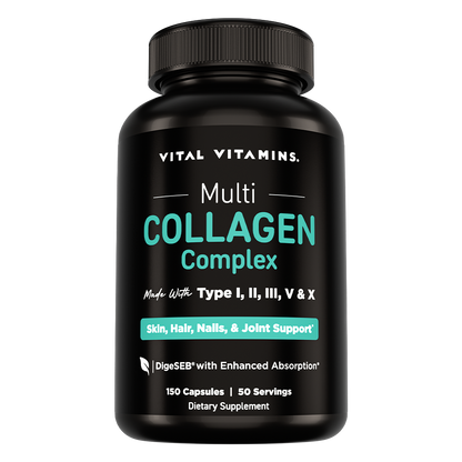 Vital Vitamins Multi Collagen Complex bottle, 150 capsules, black label with teal text, made with collagen Types I, II, III, V and X and DigeSEB enzymes