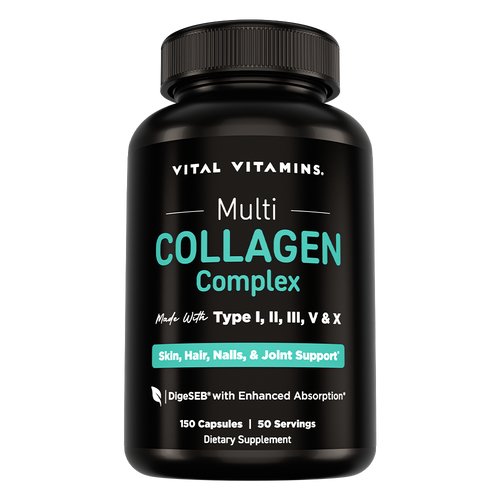 Vital Vitamins Multi Collagen Complex bottle, 150 capsules, black label with teal text, made with collagen Types I, II, III, V and X and DigeSEB enzymes