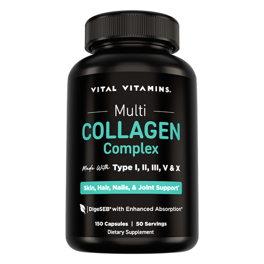 Vital Vitamins Multi Collagen Complex bottle, 150 capsules, black label with teal text, made with collagen Types I, II, III, V and X and DigeSEB enzymes